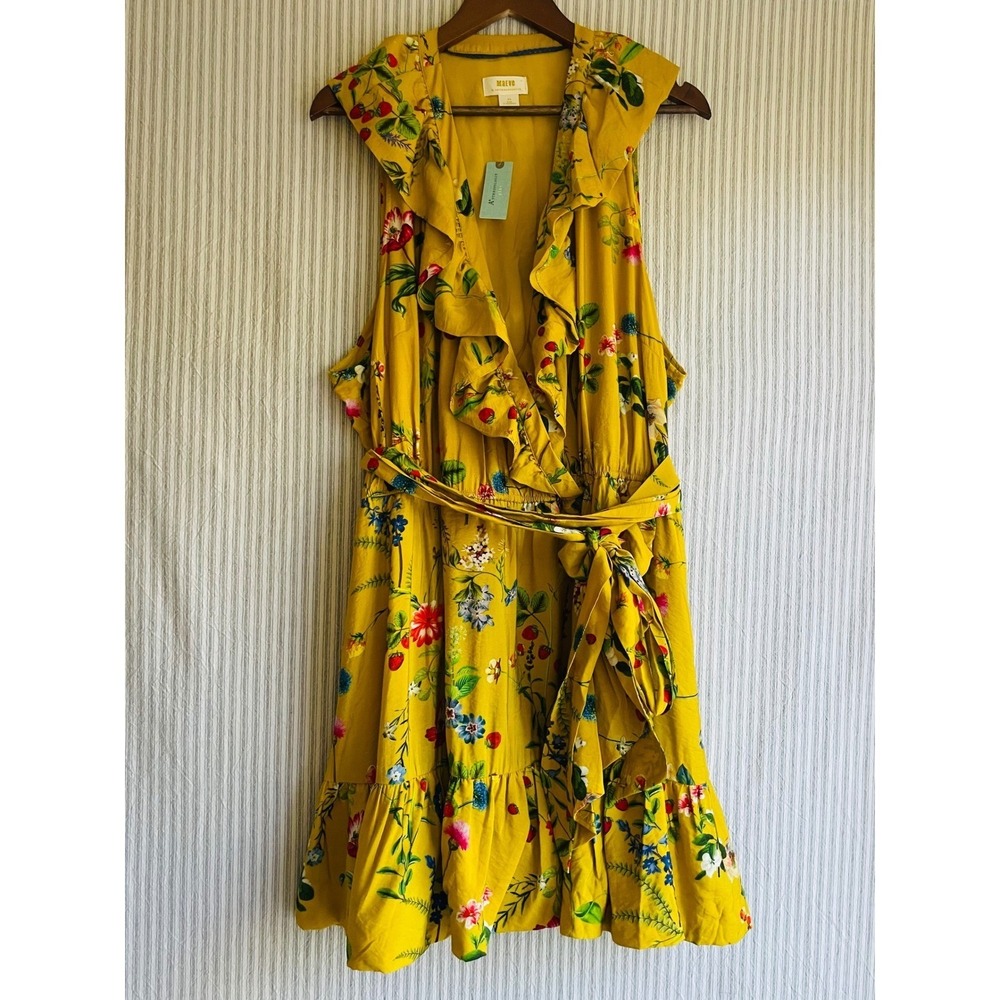 Maeve Anthropologie Yellow Floral Strawberry Ruffle Mini Dress Plus Size 2X NWT